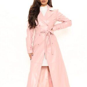 Faux Leathr Belted Trench Coat - Mauve Size L